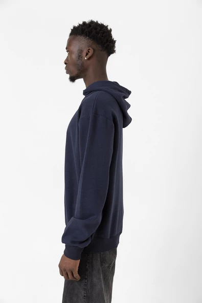 Lacivert Basic Oversize Erkek Kapüşonlu Hoodie 3 iplik Sweatshirt - Resim 2