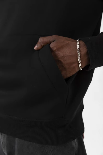 Siyah Basic Oversize Erkek Kapüşonlu Hoodie 3 iplik Sweatshirt - Resim 5