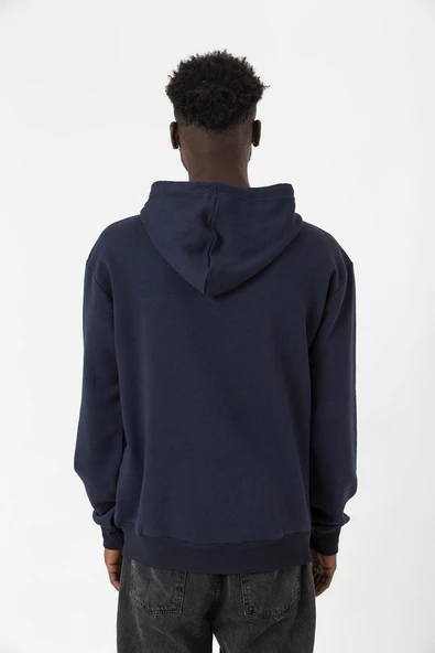 Lacivert Basic Oversize Erkek Kapüşonlu Hoodie 3 iplik Sweatshirt - Resim 3