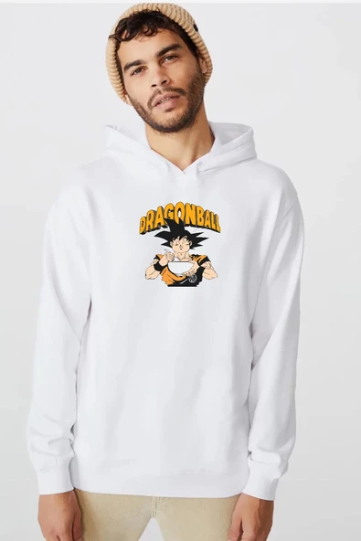 Dragon Ball Z Anime Goku Eating Ramen Beyaz Erkek 3ip Kapşonlu  Sweatshirt