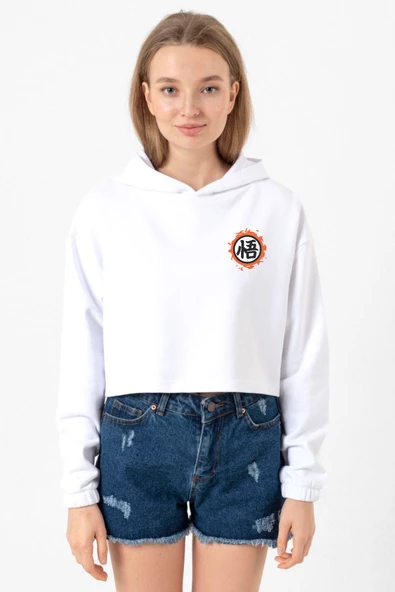 Dragon Ball Z Anime Logo Beyaz Optik Kadın Crop Kapşonlu ürün görseli 1