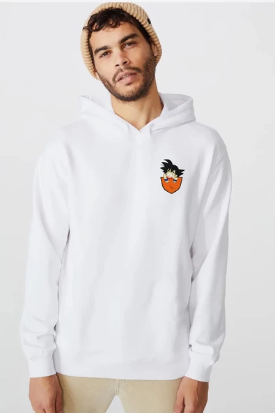 Dragon Ball Z Anime Son Goku Pocket Beyaz Erkek 3ip Kapşonlu  Sweatshirt