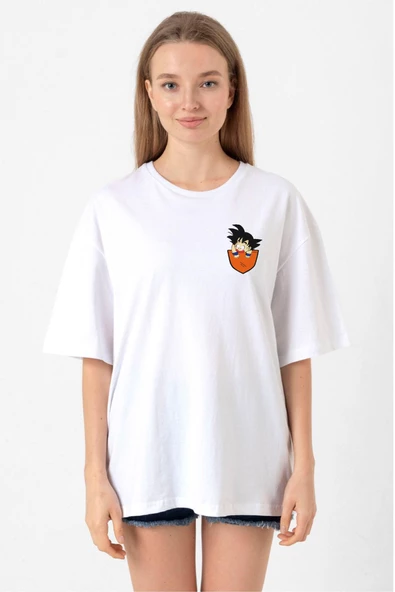 Dragon Ball Z Anime Son Goku Pocket Beyaz Kadın Oversize Tshirt