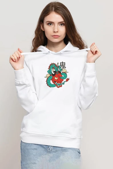 Dragon Samurai Anime Beyaz Kadın 3ip Kapşonlu Sweatshirt ürün görseli