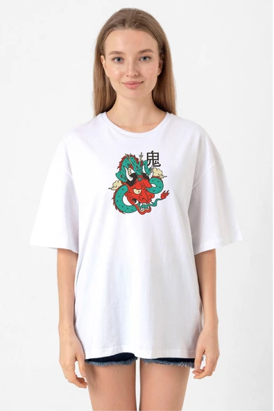 Dragon Samurai Anime Beyaz Kadın Oversize Tshirt ürün görseli 1