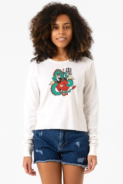 Dragon Samurai Anime Ekstra Uzunkol Sweatshirt Ekru ürün görseli