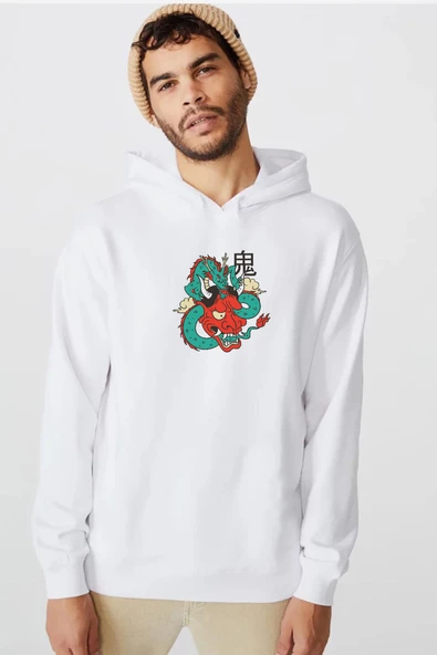 Dragon Samurai Anime Beyaz Erkek 3ip Kapşonlu  Sweatshirt