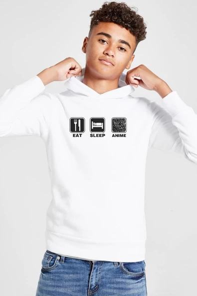 Eat Sleep Anime Beyaz Çocuk 3ip Kapşonlu  Sweatshirt