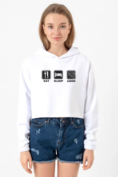 Eat Sleep Anime Beyaz Optik Kadın Crop Kapşonlu