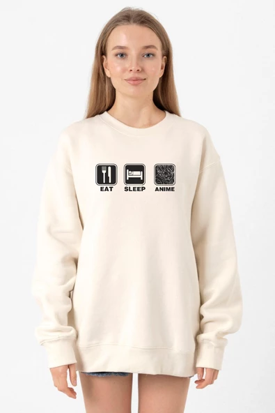 Eat Sleep Anime Ekru Kadın 2ip Sweatshirt