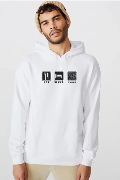 Eat Sleep Anime Beyaz Erkek 3ip Kapşonlu  Sweatshirt ürün görseli