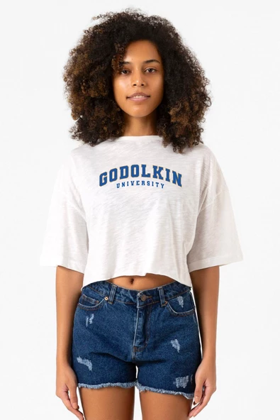 Gen V Godolkin University Letter Beyaz Kırçıllı Kadın Crop Tshirt