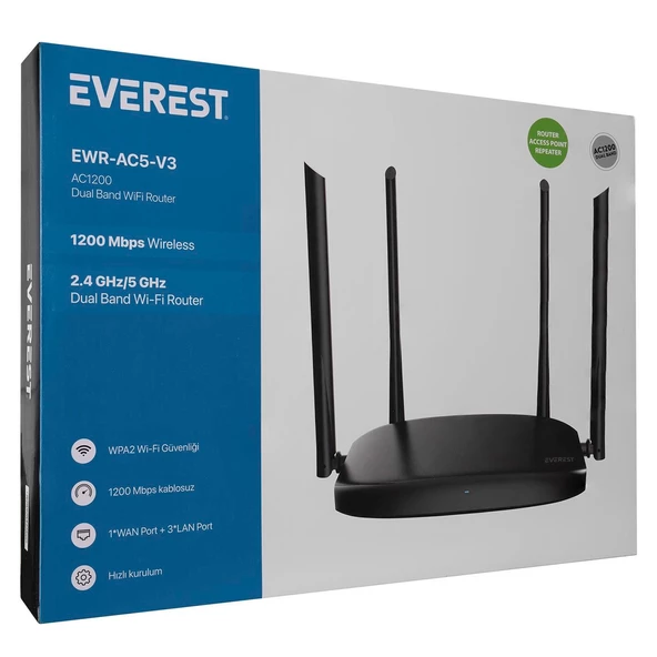 Everest EWR-AC5-V3 AC1200Mbps DualBand 4*6dBi Anten WISP+AP+Repeater Destekli Kablosuz Wifi Router - 35637 - 8