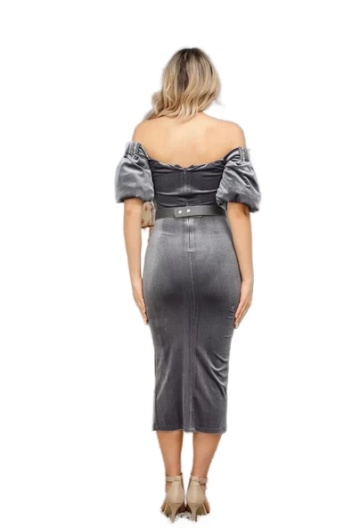 Straplez Yaka Kadife Elbise 2202-Gri - Resim 5