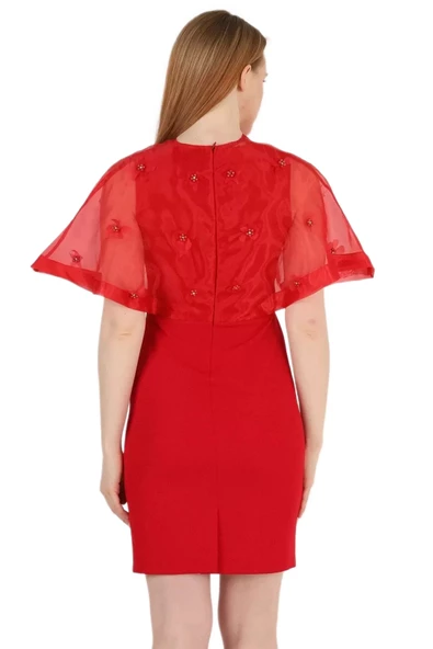 Kruvaze Yaka İnci İşlemeli Elbise 2203-Kırmızı - Resim 4