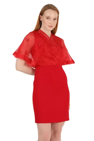 Kruvaze Yaka İnci İşlemeli Elbise 2203-Kırmızı - Resim 2