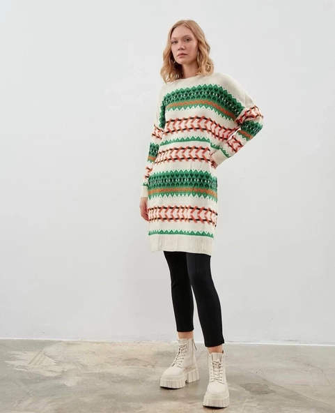 Modatalika Kadın Uzun Kollu Düz ve Desen Kombinli Oversize Triko Tunik - Resim 4