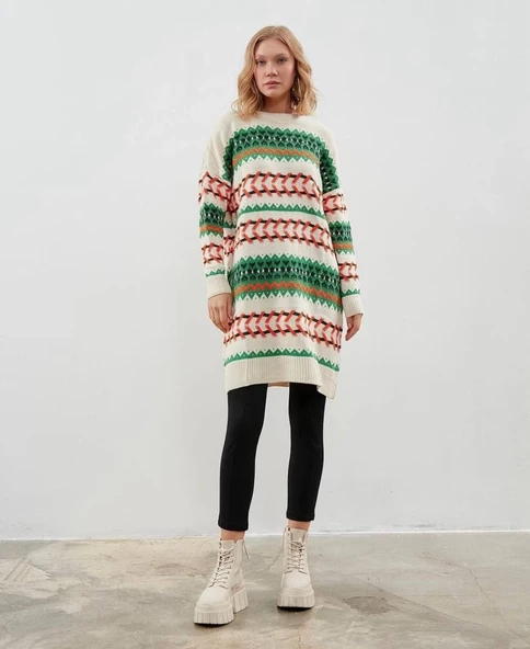 Modatalika Kadın Uzun Kollu Düz ve Desen Kombinli Oversize Triko Tunik - Resim 7