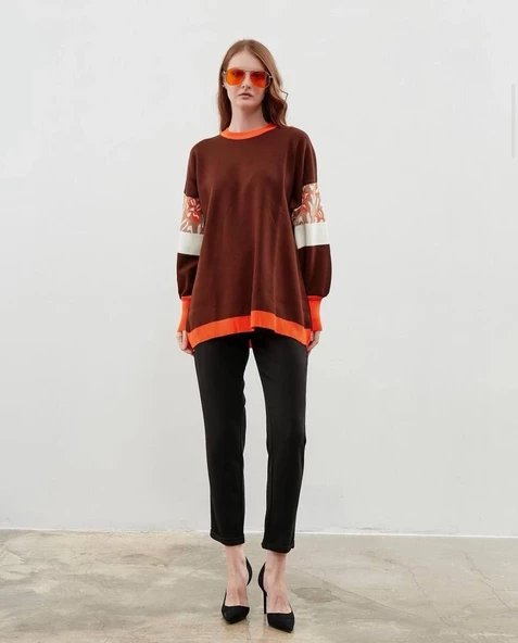 Modatalika Kadın Uzun Kollu Düz ve Kolları Desen Kombinli Oversize Triko Tunik - Resim 6