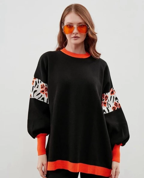 Modatalika Kadın Uzun Kollu Düz ve Kolları Desen Kombinli Oversize Triko Tunik - Resim 7