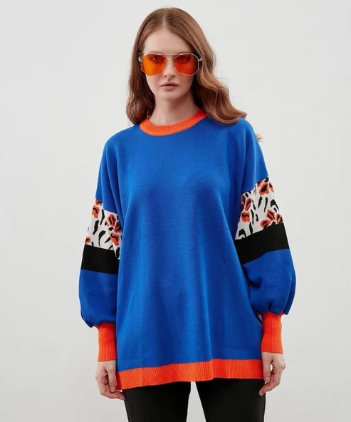 Modatalika Kadın Uzun Kollu Düz ve Kolları Desen Kombinli Oversize Triko Tunik - Resim 2