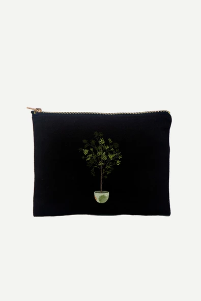 Zeytin Ağacı Desenli 100 Pamuk Siyah Clutch Çanta