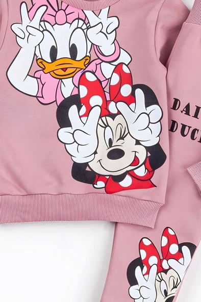 Kız Çocuk Minnie Mouse ve Daisy Duck Baskılı 3 İplik Şardonlu Kışlık Sweat ve Eşofman Alt Üst Takım - 2