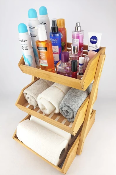 Digithome 3 Katlı Bambu Banyo ve Makyaj Organizer Düzenleyici Kahverengi - MIEN-670 C1-1-289 - 3