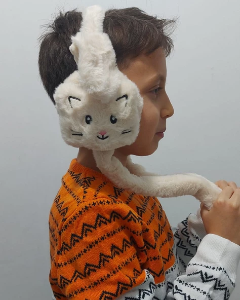Peluş Kedili Hareketli Oynar Kulaklı Çocuk Kulak Isıtıcı Koruyucu - 2
