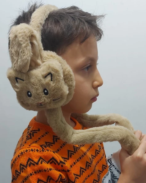 Peluş Kedili Hareketli Oynar Kulaklı Çocuk Kulak Isıtıcı Koruyucu - 6