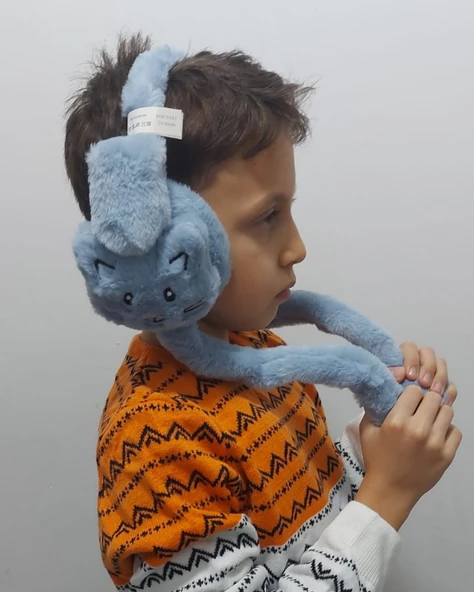 Peluş Kedili Hareketli Oynar Kulaklı Çocuk Kulak Isıtıcı Koruyucu - 5