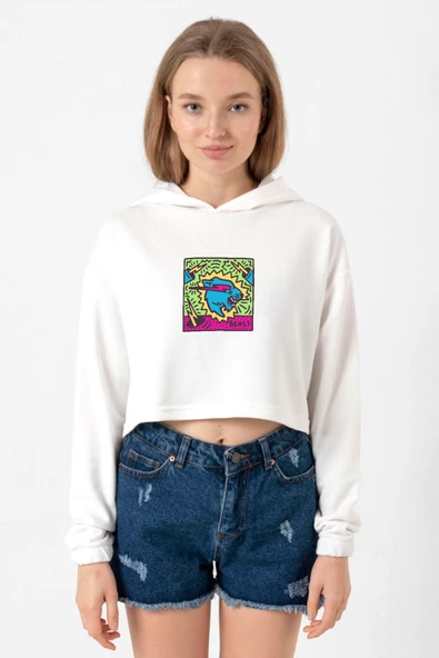 Mr Beast Doodle Ekru Kadın Crop Kapşonlu ürün görseli 1