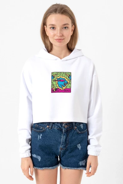 Mr Beast Doodle Beyaz Optik Kadın Crop Kapşonlu ürün görseli