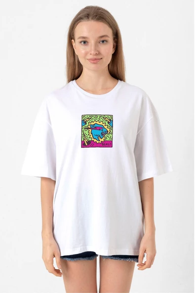 Mr Beast Doodle Beyaz Kadın Oversize Tshirt