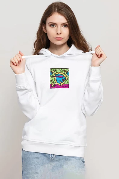Mr Beast Doodle Beyaz Kadın 3ip Kapşonlu Sweatshirt