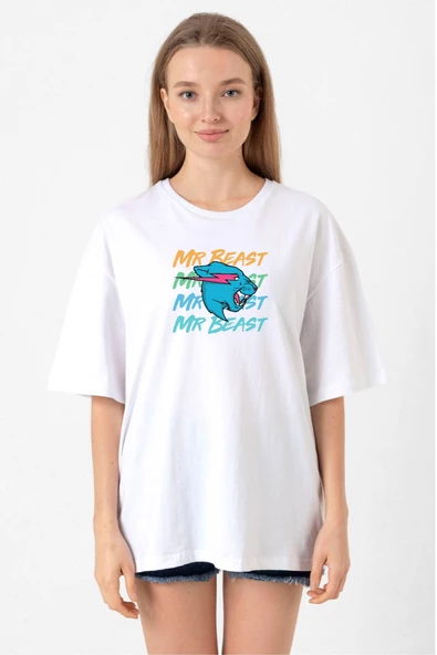 Mr Beast Lettern Beyaz Kadın Oversize Tshirt
