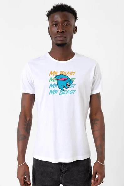 Mr Beast Lettern Beyaz Erkek Bisikletyaka Tshirt