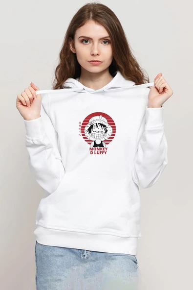 One Piece Anime Monkey D Luffy Beyaz Kadın 3ip Kapşonlu Sweatshirt ürün görseli 1