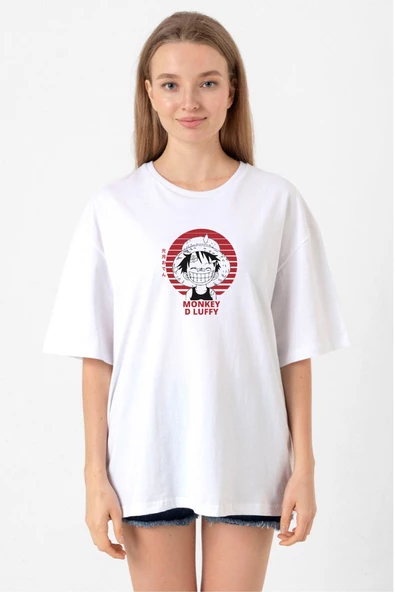 One Piece Anime Monkey D Luffy Beyaz Kadın Oversize Tshirt ürün görseli 1