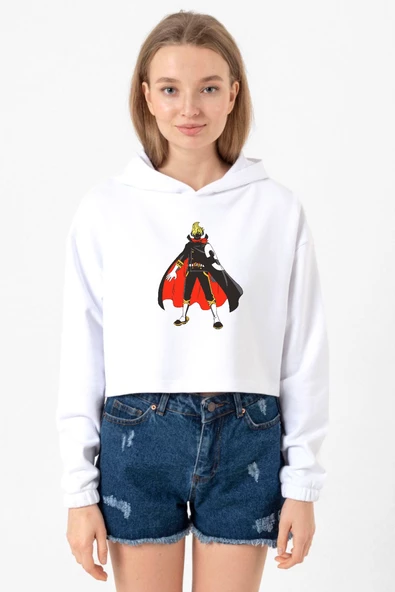 One Piece Anime Sanji Beyaz Optik Kadın Crop Kapşonlu - 1