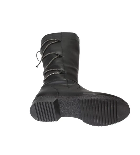 YAZKIŞ Kadın Siyah Cilt 46cm Bilek Uzunluğu 28cm Baldır Genişlği Arkası Taş İpli Düz Çizme - Resim 5