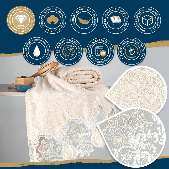 Nazik Home Rita Dantelli Pamuk Havlu-Krem 30x50 - 2