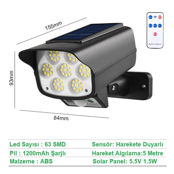 UpWay Sahte Kamera Görünümlü Güneş Enerjili 63 LED Solar Lamba Aydınlatma - 3