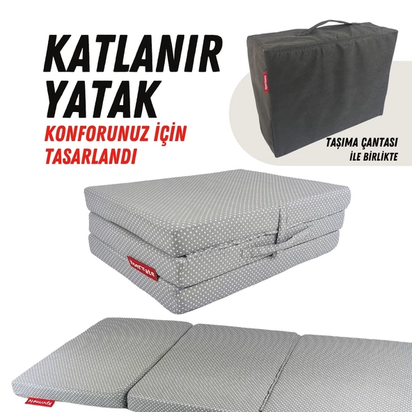 Xpermate Katlanır Yatak Yer Yatağı Çantalı Katlanır Sünger Yatak Misafir Yatağı 70X180X6 Gri Puantiyeli