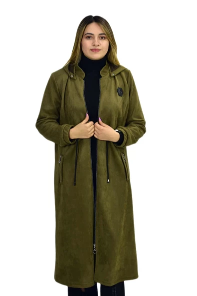 Kadın Kışlık Cepli Fermuarlı Kapüşonlu Süet Kap Tunik BGL-ST03306 - 8