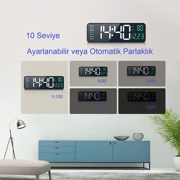 UpWay Kumandalı Büyük  HD LED Ekranlı Dijital Masa Duvar Saati Aynalı Elektronik Saat Sıcaklık Tarih - 6