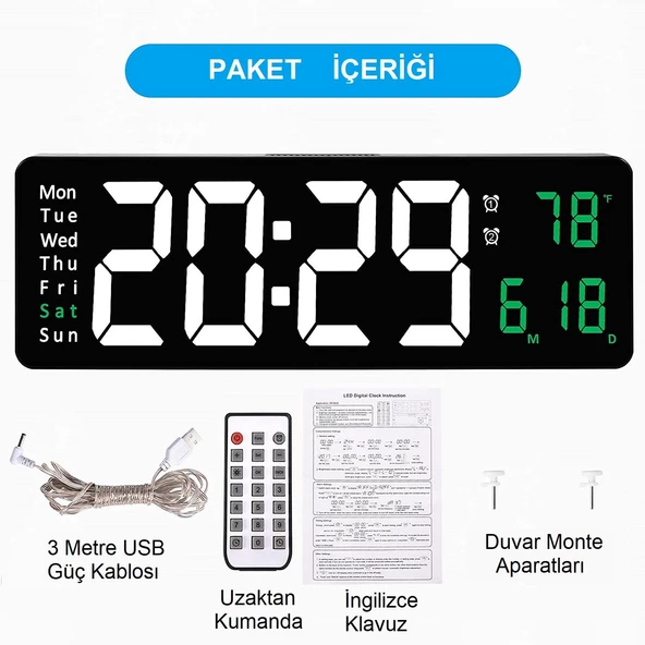 UpWay Kumandalı Büyük  HD LED Ekranlı Dijital Masa Duvar Saati Aynalı Elektronik Saat Sıcaklık Tarih - 7