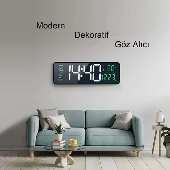UpWay Kumandalı Büyük  HD LED Ekranlı Dijital Masa Duvar Saati Aynalı Elektronik Saat Sıcaklık Tarih - 2