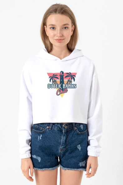 Outer Banks Chill Beyaz Optik Kadın Crop Kapşonlu ürün görseli