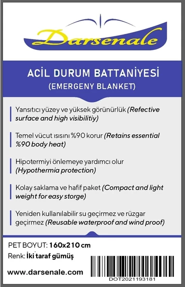 Darsenale Acil Durum Termal Battaniye Metalize Isı Yalıtımlı 160x210cm (Uzay Battaniye) - 2